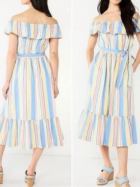 NWOT Draper James Size 1x Off-Shoulder Striped Midi Dress in Pastel Multi